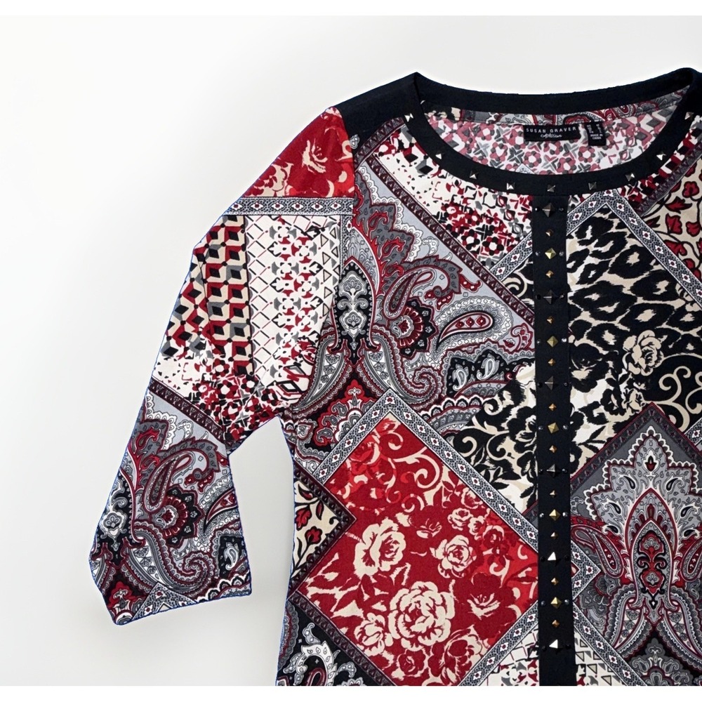 Susan Graver Artisan Blouse Women's Size M Studded Multi Pattern Boho 3/4 Sleeve